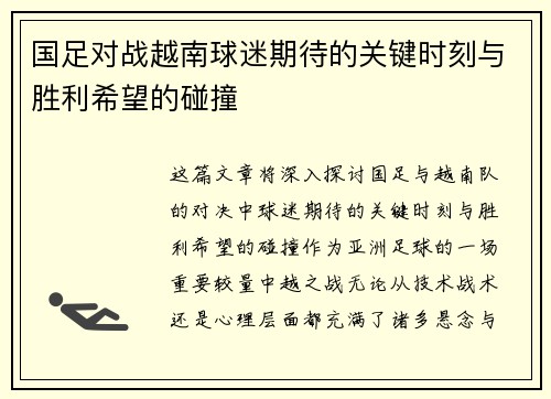 国足对战越南球迷期待的关键时刻与胜利希望的碰撞